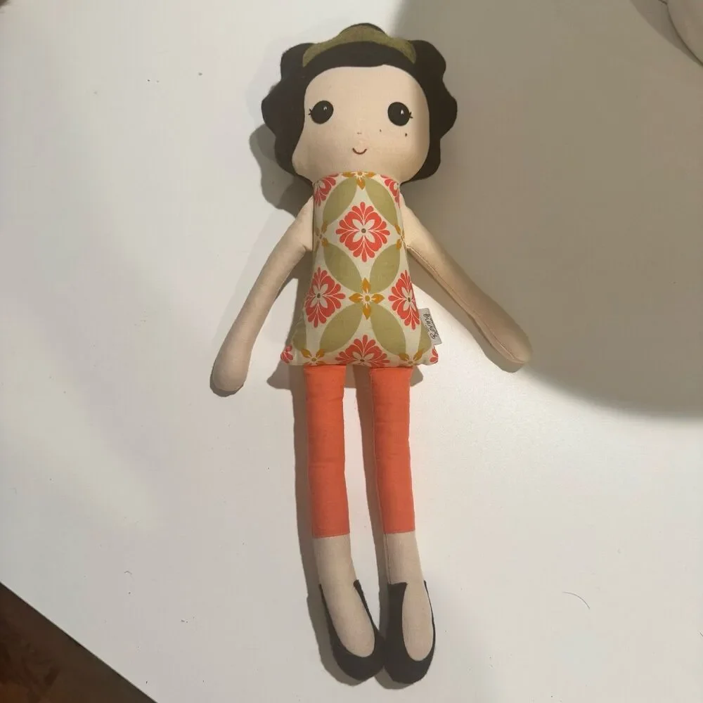Roving Ovine Cloth Rag Doll Girl Floral Orange Pants Black Yarn Hair Plush Toy